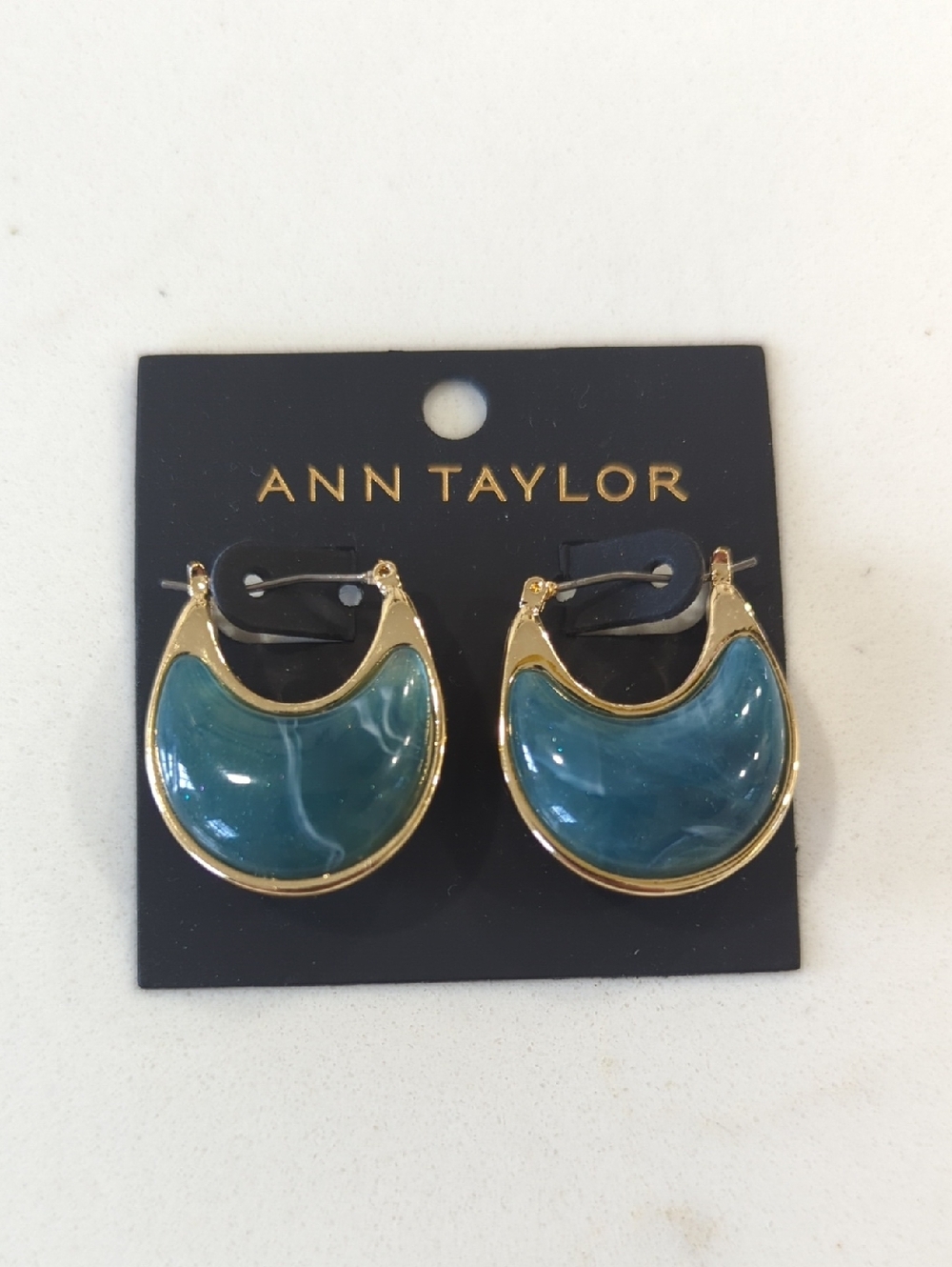 Ann Taylor Gold Earrings with Marbled Teal Crescent Inset